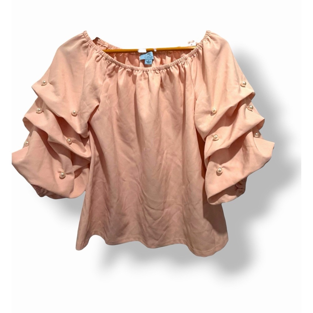 CeCe Light Pink Pearl Puff Sleeve Blouse Small Romantic Coquette Bubble Sleeve
